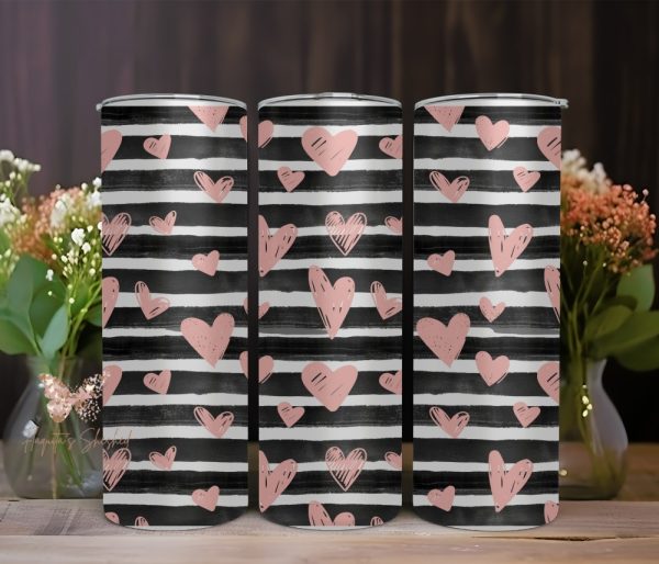 Product Image and Link for BLACK & WHITE STRIPES PINK HEARTS TUMBLER