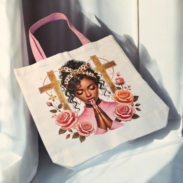 Product Image and Link for Pink, White & Gold Faith Tote Set – Praying Woman Bag & Makeup Pouch – Religious Gift for Her