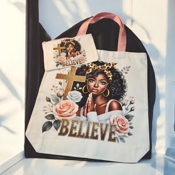 Product Image and Link for Inspirational Tote & Cosmetic Bag Set – Believe in Prayer – Religious Gift for Her