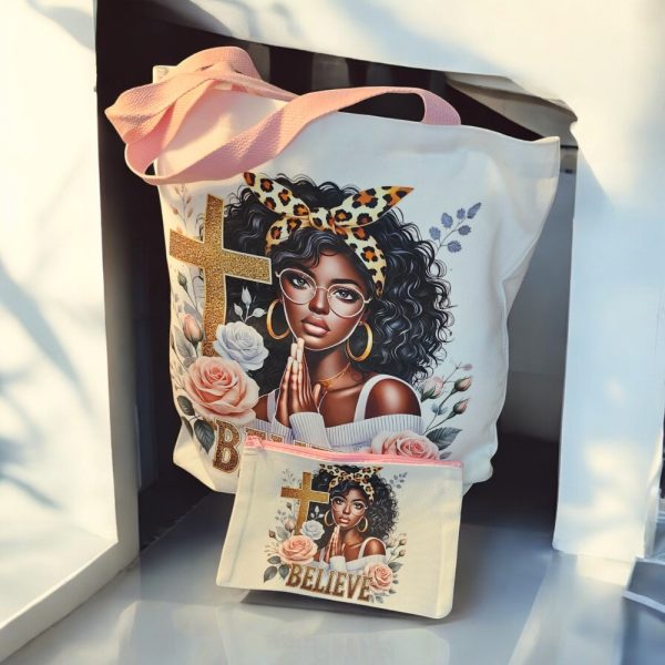 Product Image and Link for Inspirational Tote & Cosmetic Bag Set – Believe in Prayer – Religious Gift for Her