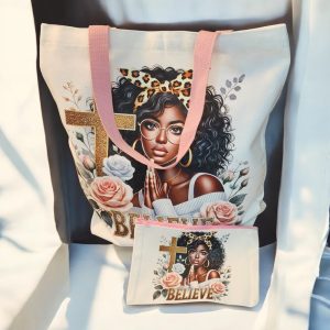 Product Image and Link for Inspirational Tote & Cosmetic Bag Set – Believe in Prayer – Religious Gift for Her