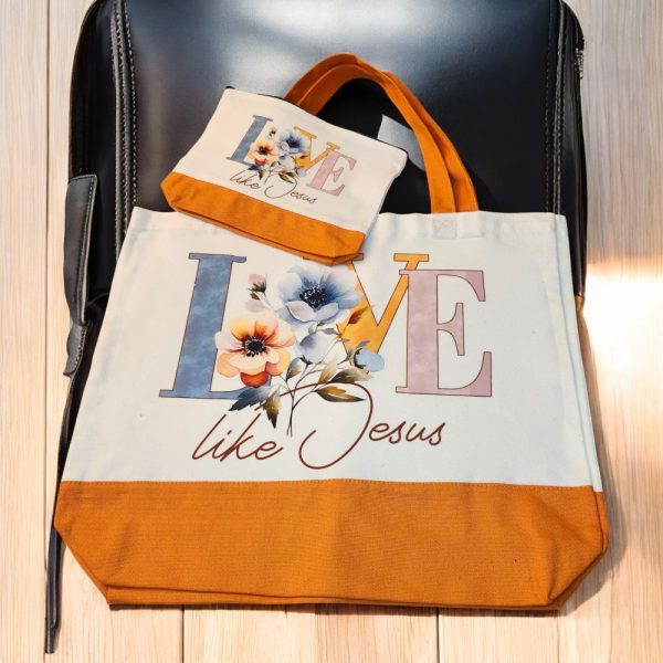 Product Image and Link for Love Like Jesus Tote Bag Set – Faith & Floral Canvas Bag with Matching Makeup Pouch