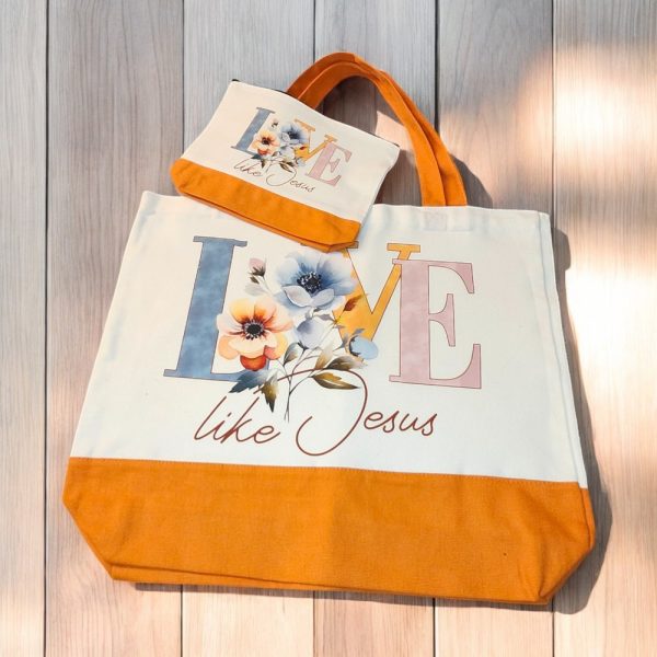 Product Image and Link for Love Like Jesus Tote Bag Set – Faith & Floral Canvas Bag with Matching Makeup Pouch