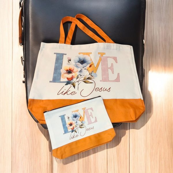 Product Image and Link for Love Like Jesus Tote Bag Set – Faith & Floral Canvas Bag with Matching Makeup Pouch