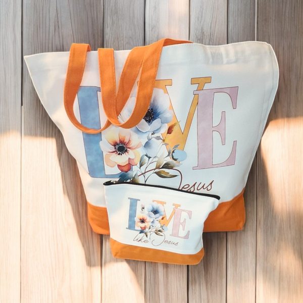 Product Image and Link for Love Like Jesus Tote Bag Set – Faith & Floral Canvas Bag with Matching Makeup Pouch