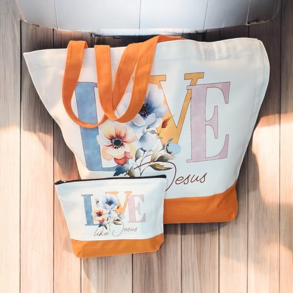 Product Image and Link for Love Like Jesus Tote Bag Set – Faith & Floral Canvas Bag with Matching Makeup Pouch