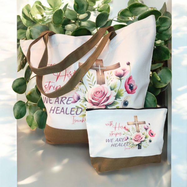 Product Image and Link for Isaiah 53:5 Bible Verse Tote & Pouch Set – Christian Gift for Women – Religious Floral Bag Set