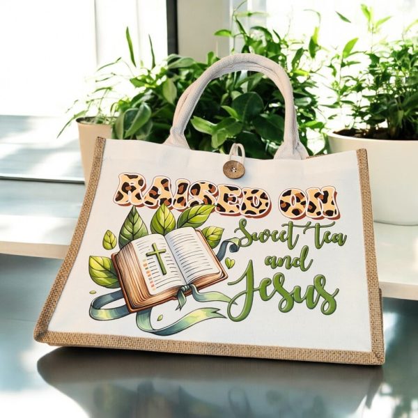 Product Image and Link for Raised on Sweet Tea and Jesus Tote Bag Set – Christian Gift – Burlap Tote and Makeup Bag – Southern Faith Gift