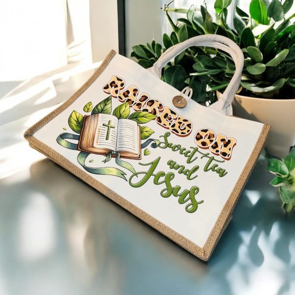 Product Image and Link for Raised on Sweet Tea and Jesus Tote Bag Set – Christian Gift – Burlap Tote and Makeup Bag – Southern Faith Gift