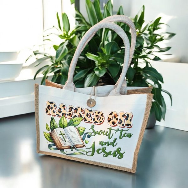 Product Image and Link for Raised on Sweet Tea and Jesus Tote Bag Set – Christian Gift – Burlap Tote and Makeup Bag – Southern Faith Gift