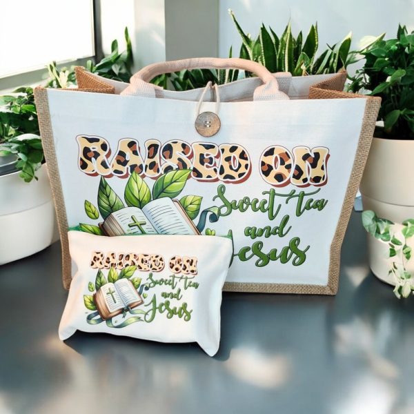 Product Image and Link for Raised on Sweet Tea and Jesus Tote Bag Set – Christian Gift – Burlap Tote and Makeup Bag – Southern Faith Gift