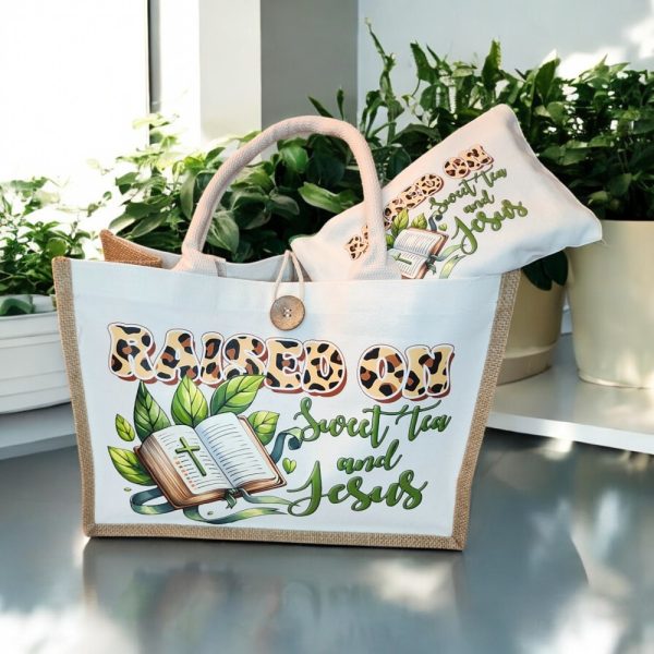 Product Image and Link for Raised on Sweet Tea and Jesus Tote Bag Set – Christian Gift – Burlap Tote and Makeup Bag – Southern Faith Gift