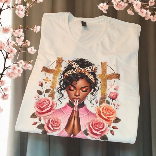 Product Image and Link for Praying Woman T-Shirt – Christian Graphic Tee – Faith & Floral Design