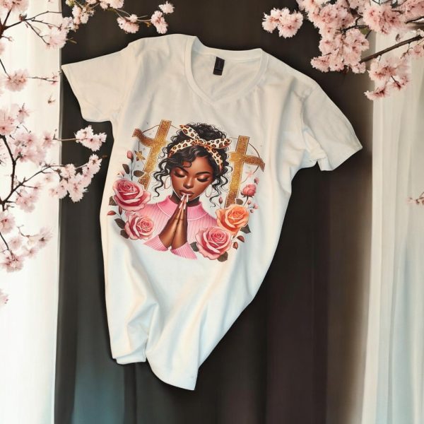 Product Image and Link for Praying Woman T-Shirt – Christian Graphic Tee – Faith & Floral Design