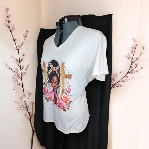 Product Image and Link for Praying Woman T-Shirt – Christian Graphic Tee – Faith & Floral Design