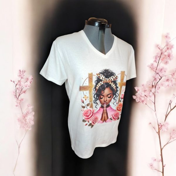 Product Image and Link for Praying Woman T-Shirt – Christian Graphic Tee – Faith & Floral Design