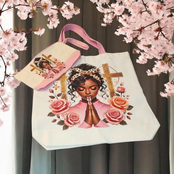 Product Image and Link for Pink, White & Gold Faith Tote Set – Praying Woman Bag & Makeup Pouch – Religious Gift for Her