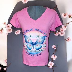 Product Image and Link for Faith & Butterfly Tee – Pray More Worry Less – Inspirational Christian Shirt