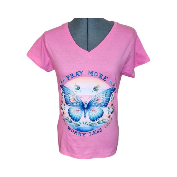 Product Image and Link for Faith & Butterfly Tee – Pray More Worry Less – Inspirational Christian Shirt