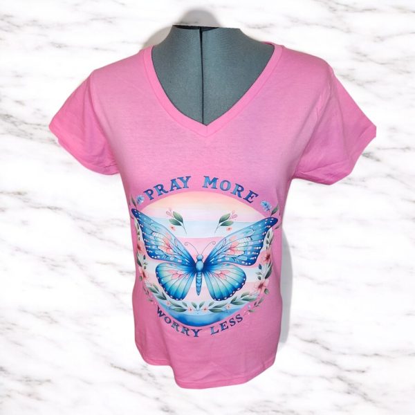 Product Image and Link for Faith & Butterfly Tee – Pray More Worry Less – Inspirational Christian Shirt